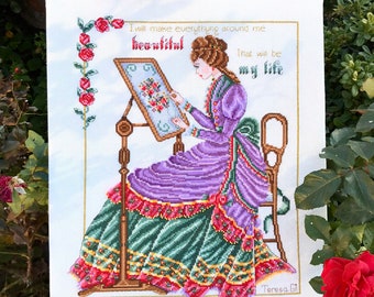 English Rose Victorian Lady Counted Cross Stitch Chart Pattern Instant Download