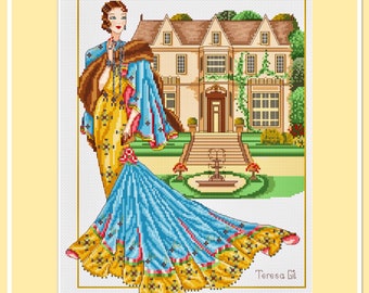 Lady Mary Manor House Haute Couture Dress Counted Cross Stitch Chart Pattern Instant Download