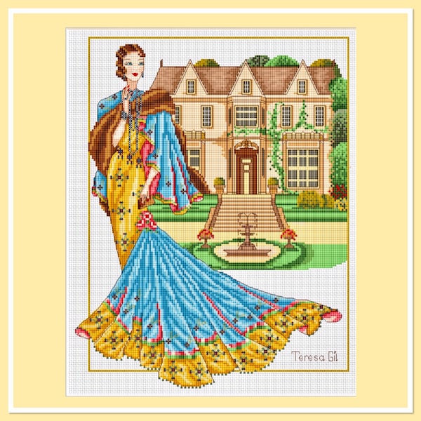 Lady Mary Manor House Haute Couture Dress Counted Cross Stitch Chart Pattern Instant Download