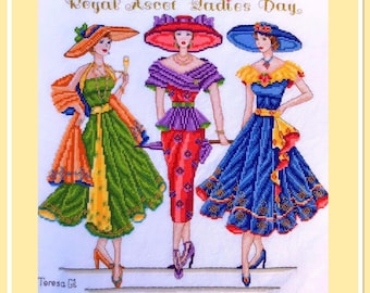 Races Friends 1950s Fashion Counted Cross Stitch Chart Pattern Instant Download