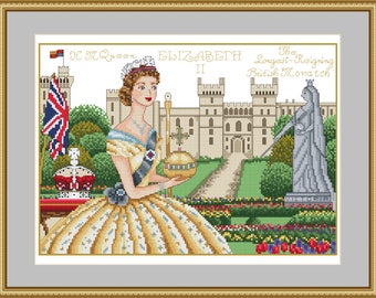 Long Live the Queen Windsor Castle Queen Elizabeth II London Historical Style Counted Cross Stitch Chart Pattern Instant PDF Download