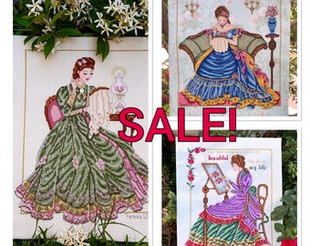 Sale  Stitching Beauty  Belle  and English Rose: Victorian PDF Counted Cross Stitch Chart Patter Instant Download