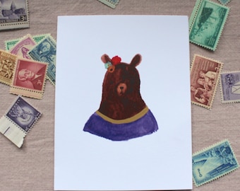 Carte ours aquarelle Lady