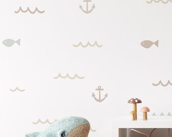 Nautical Wall Decals - Ocean Waves, Fish, Anchors – Sea Nursery, Playroom Decor