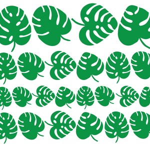 Könnte beinhalten: Ein Set mit 24 grünen Monstera-Blatt-Aufklebern. Die Aufkleber sind in verschiedenen Größen und perfekt, um jedem Projekt einen tropischen Touch zu verleihen.