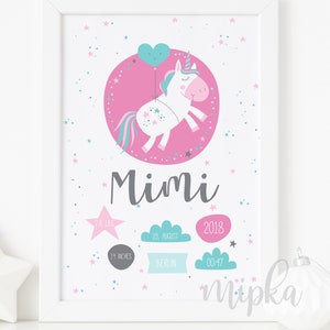 Unicorn Customised Nursery Print, Birth Announcement for a Baby, New Baby Print, Wall Art, Printable Download PDF and JPG