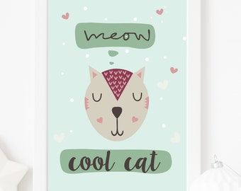 Meow Cool Cat Digital Scalable PDF Download Print for Cat Lovers, Gift for Cat People, Gift for Cat Owners