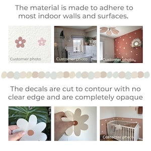 May include: Images showcasing flower-shaped wall decals in various settings. The decals are shown in different rooms, including a bathroom and a nursery. The text states the decals adhere to walls and are cut to contour with no clear edge.