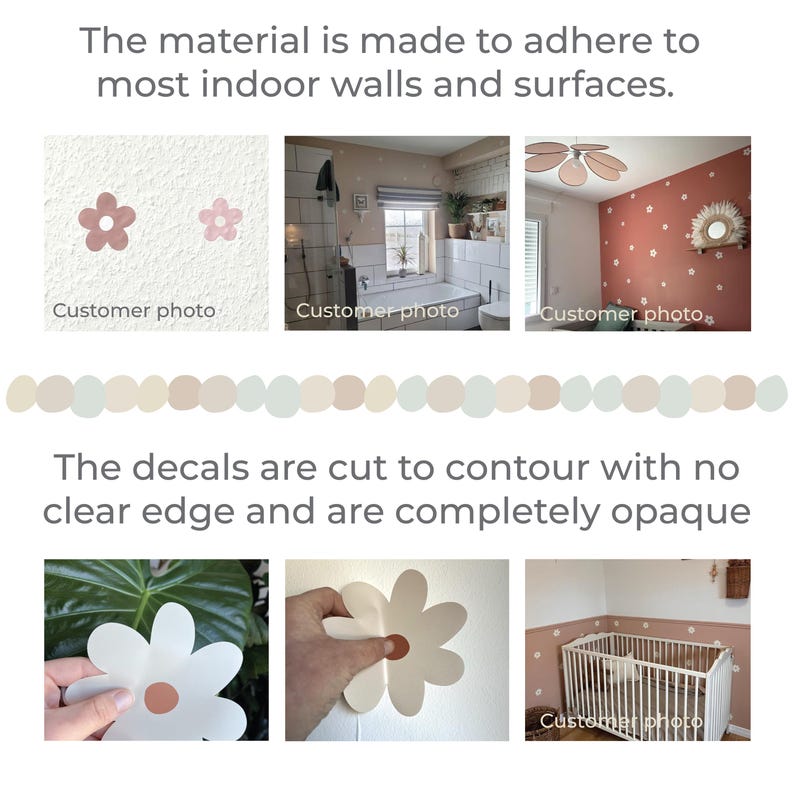 May include: Images showcasing flower-shaped wall decals in various settings. The decals are shown in different rooms, including a bathroom and a nursery. The text states the decals adhere to walls and are cut to contour with no clear edge.
