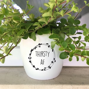 Pode incluir: Vaso de cerâmica branco com letras pretas que dizem "Thirsty AF" rodeado por uma coroa de folhas. Uma planta verde está crescendo no vaso.