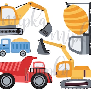 May include: A set of five cartoon construction vehicles, including a yellow excavator, a yellow dump truck, a blue dump truck, a yellow cement mixer, and a red dump truck.