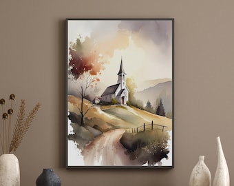 Watercolor Church Picture Watercolor Church Landscape Old Country Church Old Church Painting Instant Download Wedding Gift For Daughter