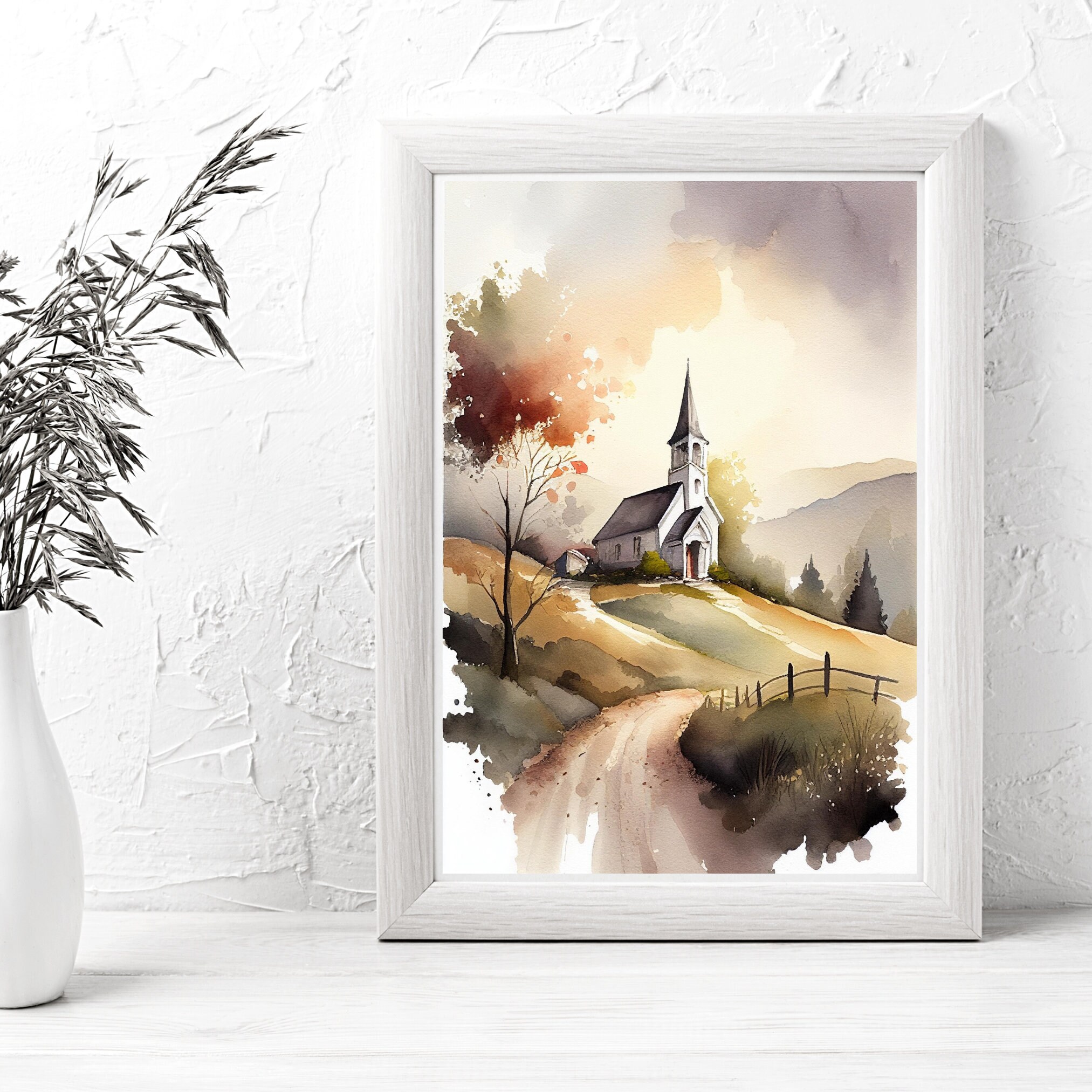 Church Print Vintage Country Church Painting White Church Wall Art