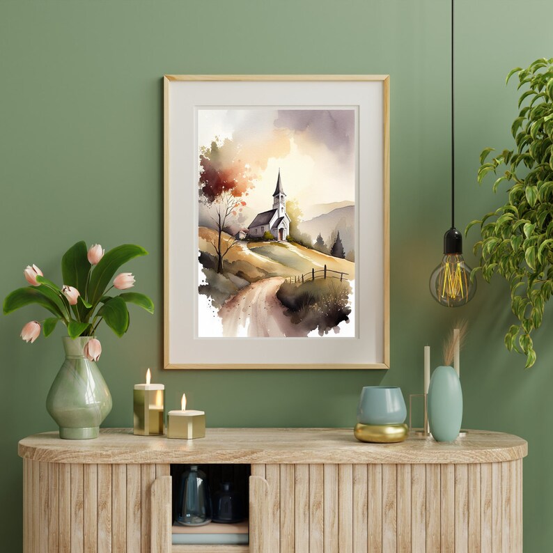 Church Print Vintage Country Church Painting White Church Wall Art ...