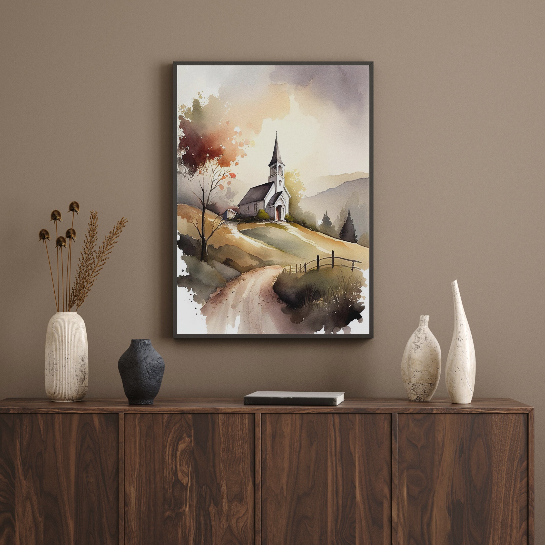 Church Print Vintage Country Church Painting White Church Wall Art