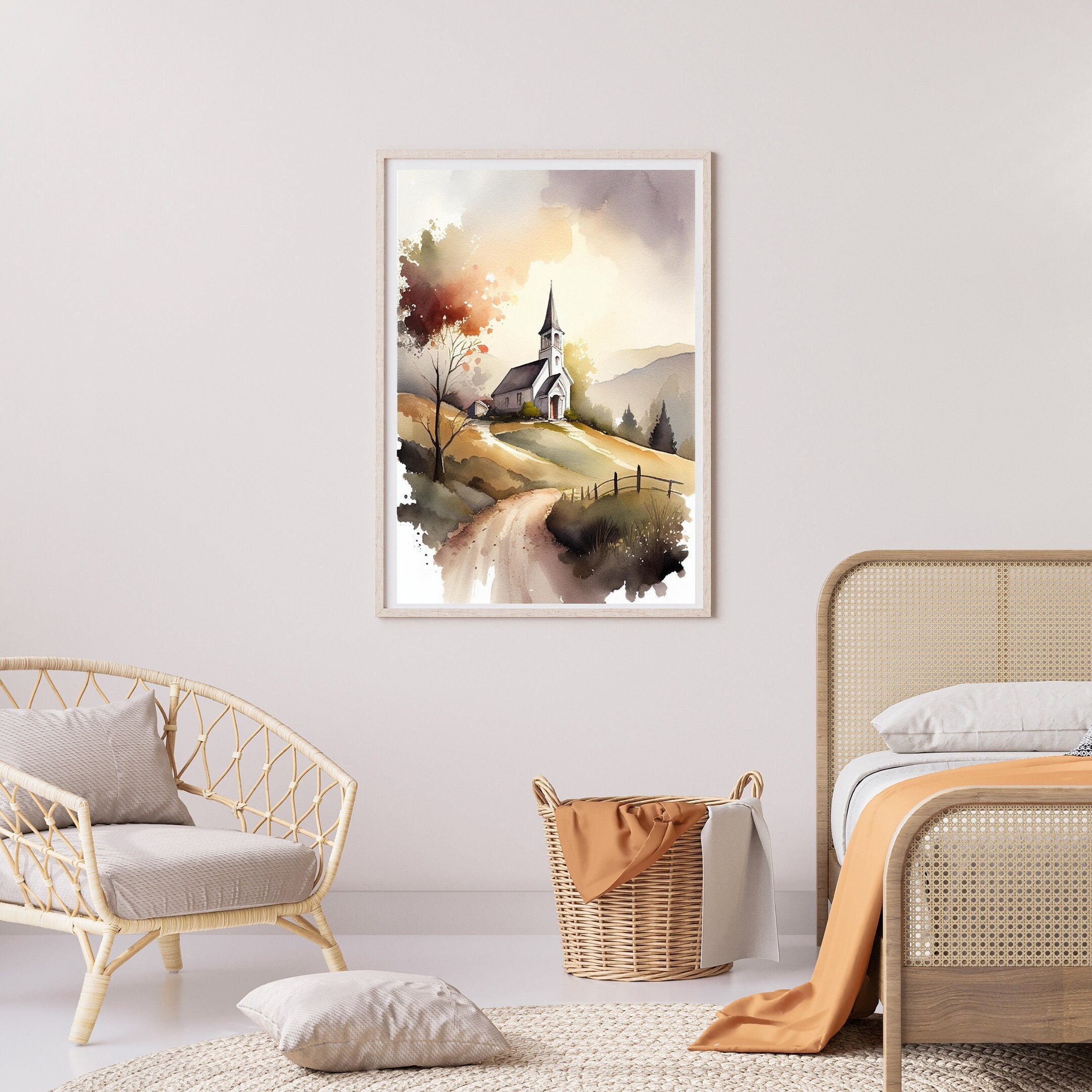 Church Print Vintage Country Church Painting White Church Wall Art