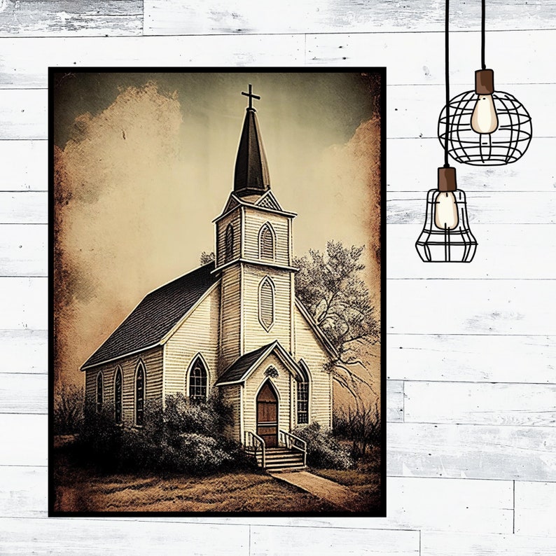 White Church Wall Art Watercolor Church Print Farmhouse Wall Decor White Church on Canvas Old