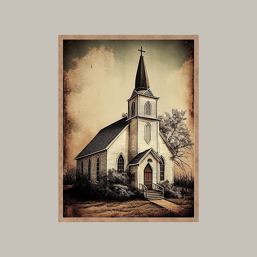 White Church Wall Art Watercolor Church Print Farmhouse Wall Decor