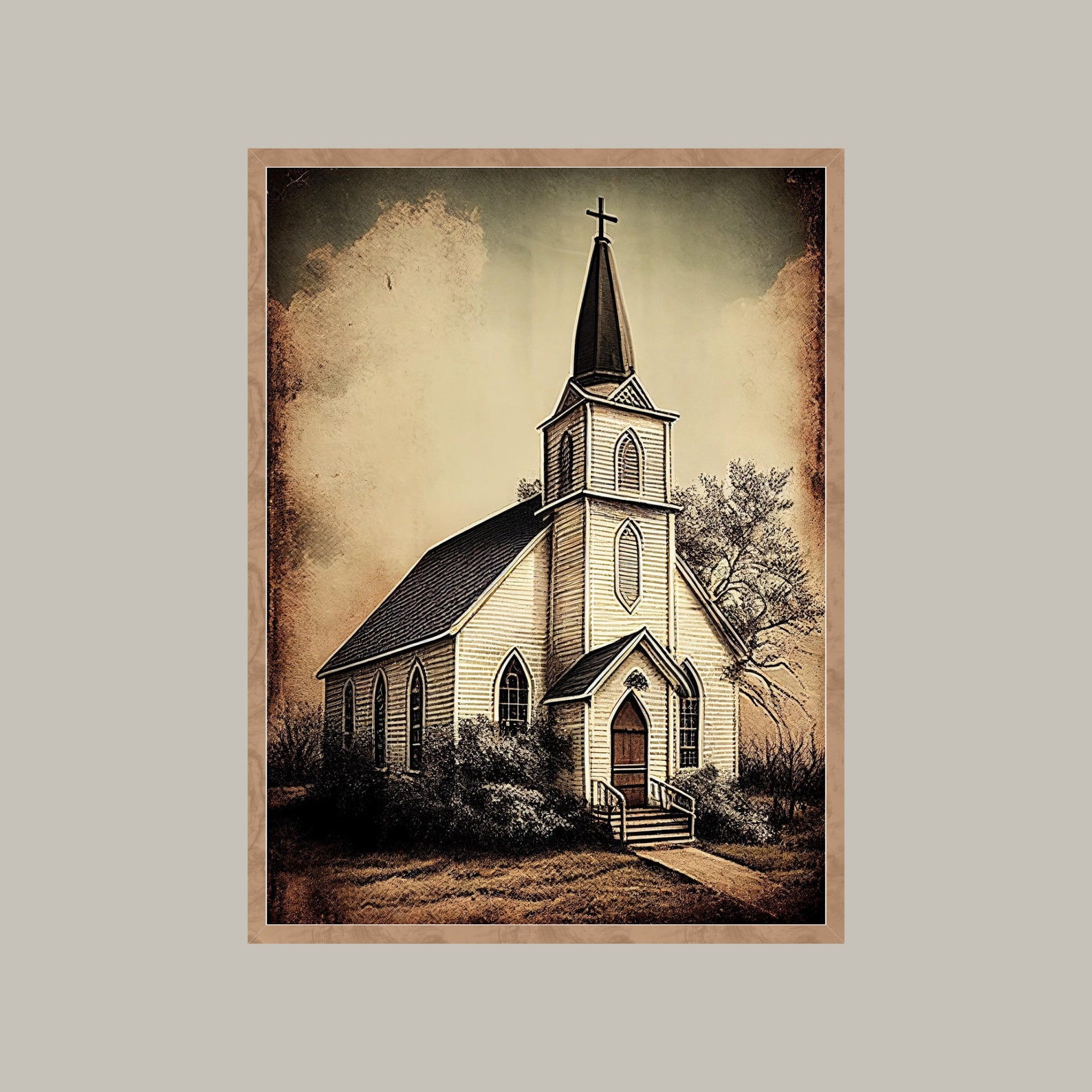 White Church Wall Art Watercolor Church Print Farmhouse Wall Decor ...