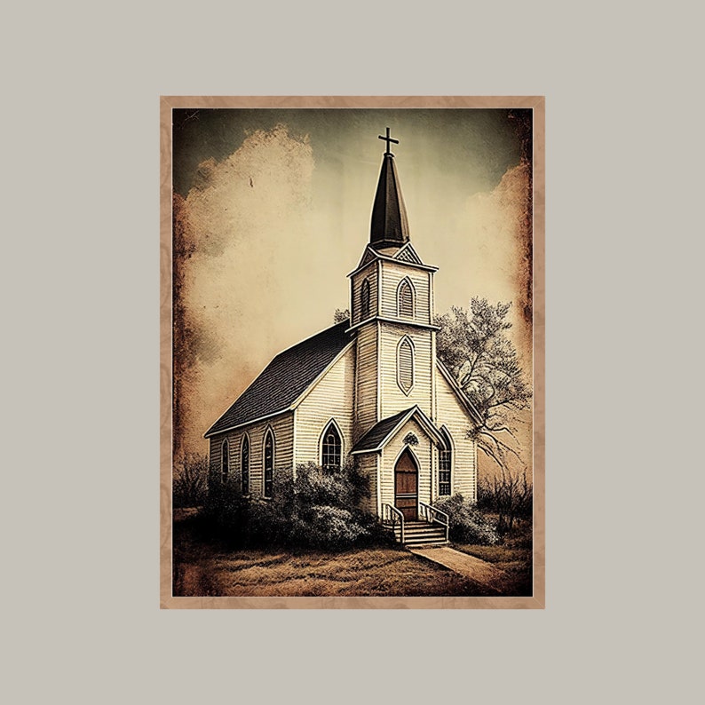 White Church Wall Art Watercolor Church Print Farmhouse Wall Decor White Church on Canvas Old