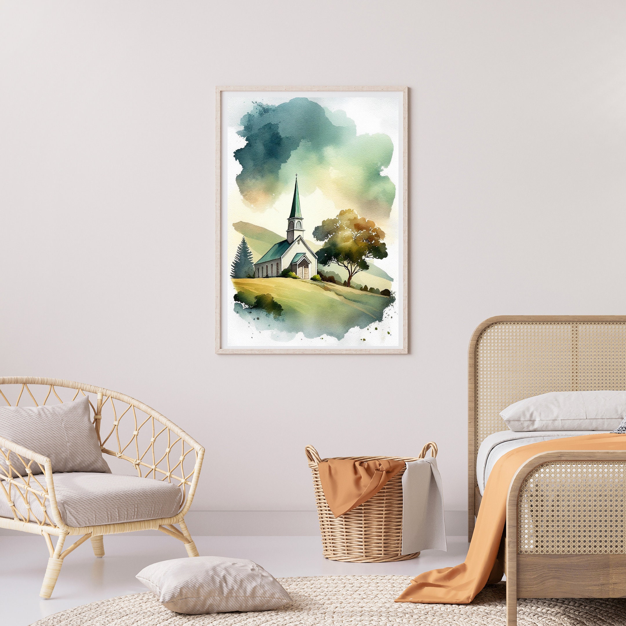 Old Country Church Print Vintage Church Painting White Church Wall Art ...
