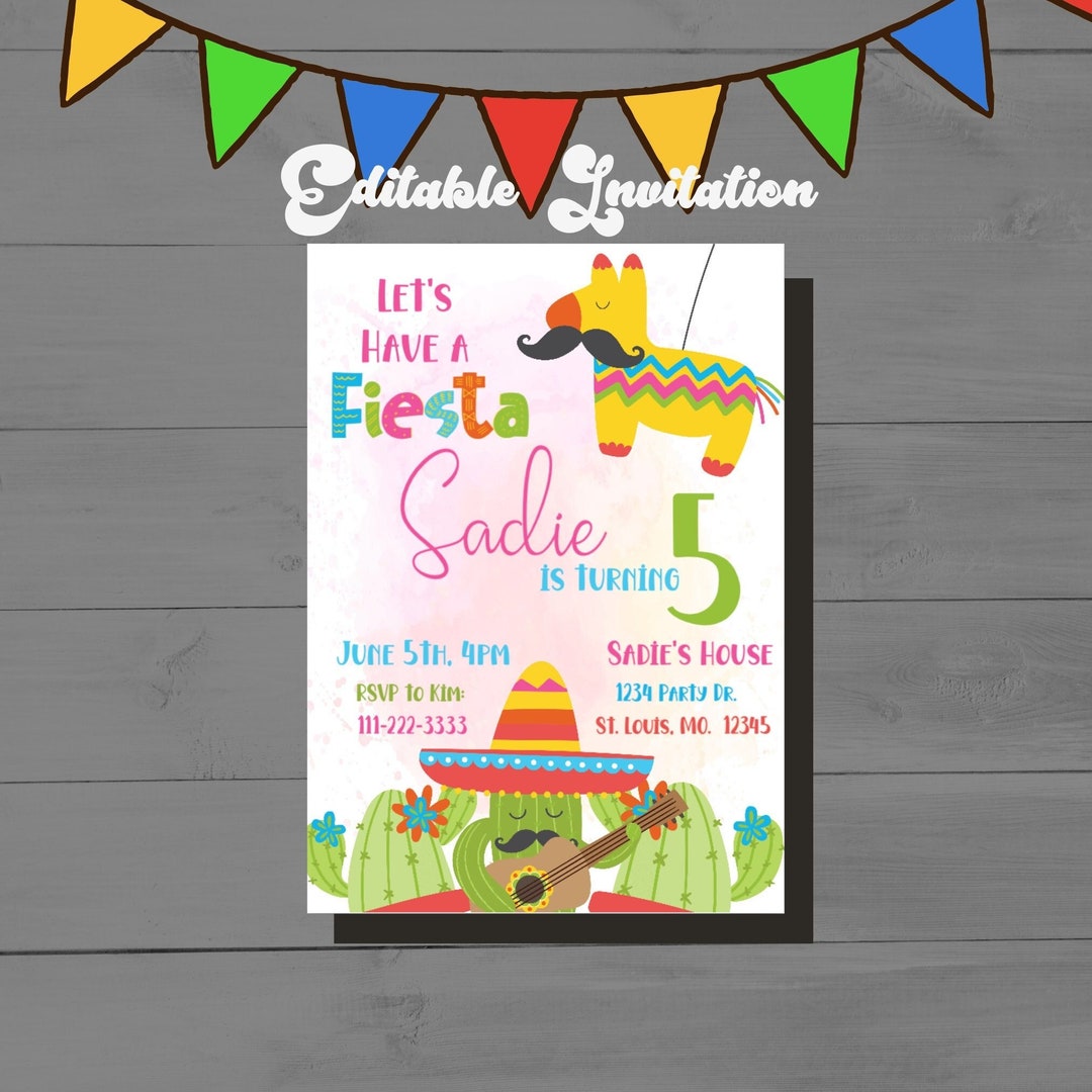 Editable Fiesta Birthday Invitation Spanish Birthday Cactus Mexican Boy