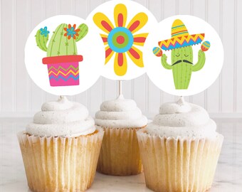 Fiesta Cupcake Toppers Fiesta Party Supplies Spanish Birthday Cactus Mexican Boy Girl Cactus Download Templett Printable Spanish Party