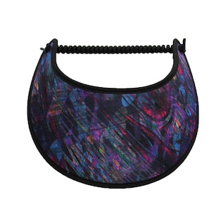May include: A black visor with a colorful abstract pattern in shades of purple, blue, and pink.