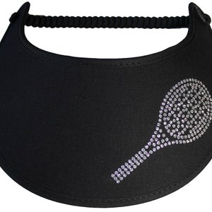 May include: Black visor with a rhinestone tennis racket design.