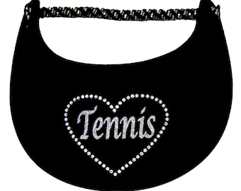 Tennis Visor with crystals and bling word Tennis. fabric Fabric trimmed edgesin black.