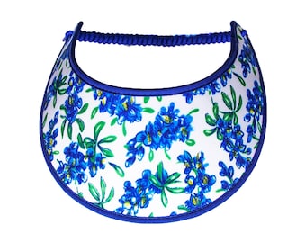 Texas Bluebonnets Sun Visor, Made in Texas with Fabric Trimmed Edges and Adjustable Coil