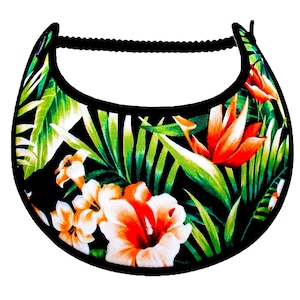 May include: A black visor with a tropical floral pattern. The visor features a black trim and a black elastic band. The pattern includes orange, white, and yellow flowers, along with green leaves, set against a black background.