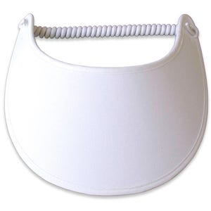May include: A white visor with a curved brim and a coiled, rope-like band across the top. The visor is designed to shield the eyes from the sun. The overall design is simple and functional, suitable for outdoor activities.