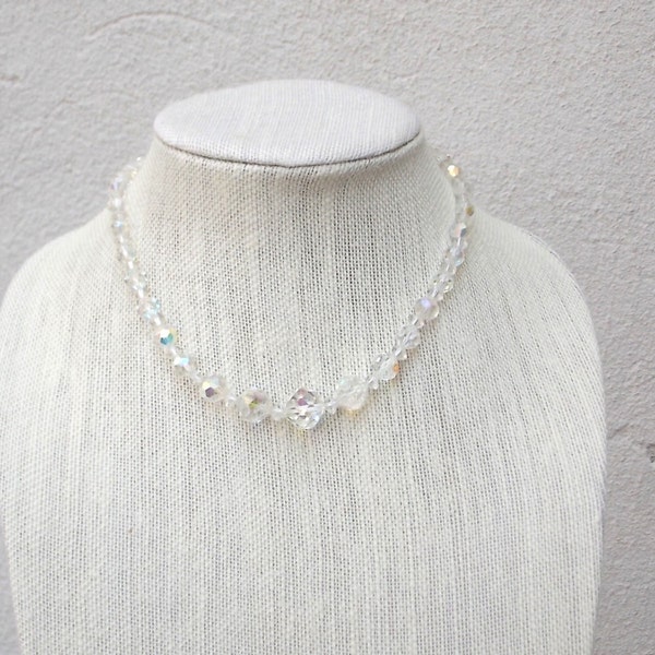 Clear Crystal Vintage Necklace, Aurora Borealis Sparkly Mid Century Glamour, Free Shipping