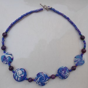 Purple, Blue & White Swirl Bead Necklace Handmade Polymer Clay Beads image 4