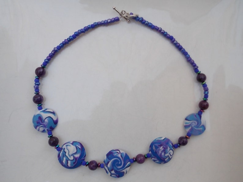 Purple, Blue & White Swirl Bead Necklace Handmade Polymer Clay Beads image 4