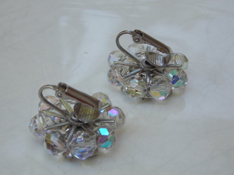 Vintage Cluster Aurora Borealis Rhinestone Earrings Clip On, 1950s image 5