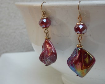 Handmade Glass Ceramic Bead Earrings, Dangle, Red & Gold