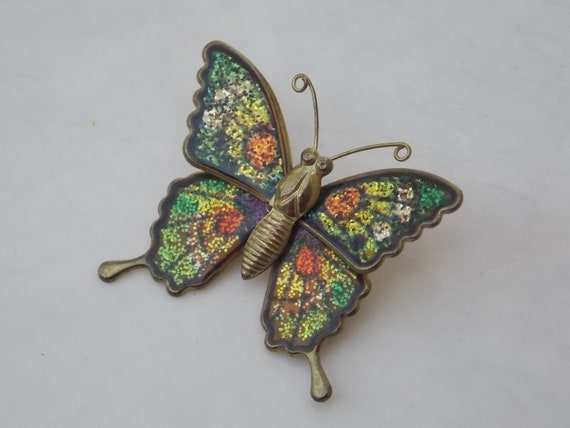 Green Yellow Orange Enameled Butterfly Pin, All Pr