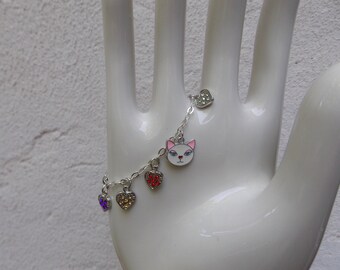 Multi-Colored Silver Heart Charm Bracelet with Cat, Free Shipping