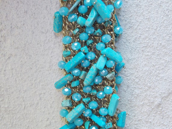 Wide Gold Chainmail Bracelet with Turquoise Beads - image 6