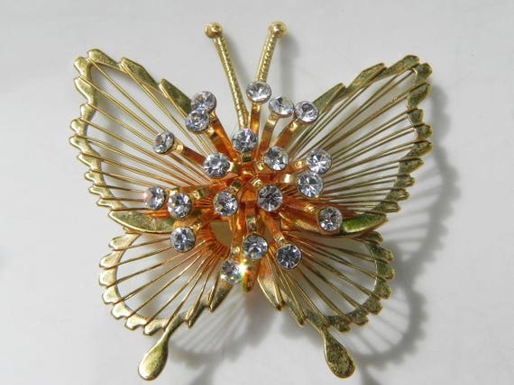 Vintage Gold Butterfly Pin with Rhinestone Burst,… - image 3