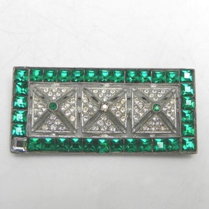 Vintage Emerald Green and Pave Rhinestone Rectangle Brooch Pin