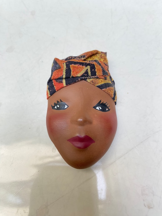 Ceramic Female Face Brooch Pin with Headress, Afr… - image 1