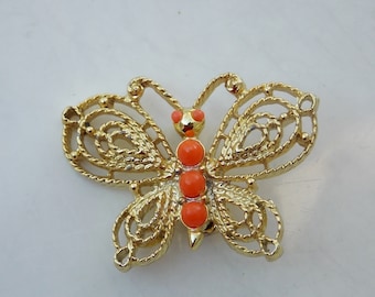 Small Vintage Gold and Orange Butterfly Brooch Pin. All Proceeds to Benefit Real Butterflies