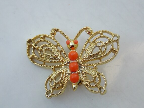 Small Vintage Gold and Orange Butterfly Brooch Pin