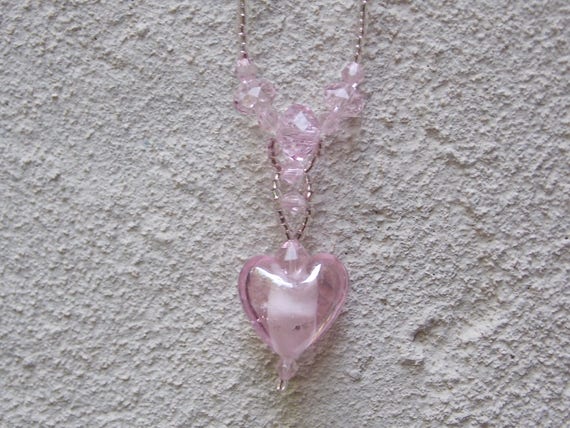 Pink Heart Glass Pendant Necklace with Glass Seed… - image 4