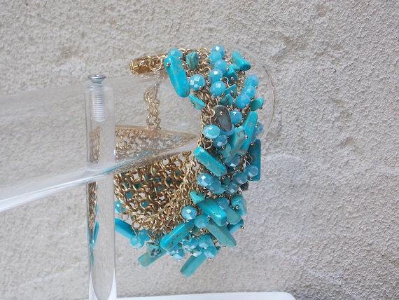 Wide Gold Chainmail Bracelet with Turquoise Beads - image 1