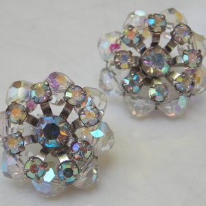 Vintage Cluster Aurora Borealis Rhinestone Earrings Clip On, 1950s image 1