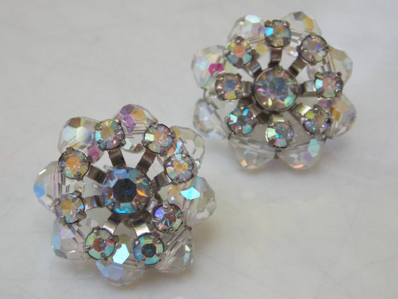 Vintage Cluster Aurora Borealis Rhinestone Earrin… - image 1